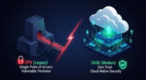 Illustration comparing legacy VPN security with modern SASE architecture, showing an outdated castle and bridge labeled “Single Point of Access” versus a cloud-native Zero Trust SASE platform.