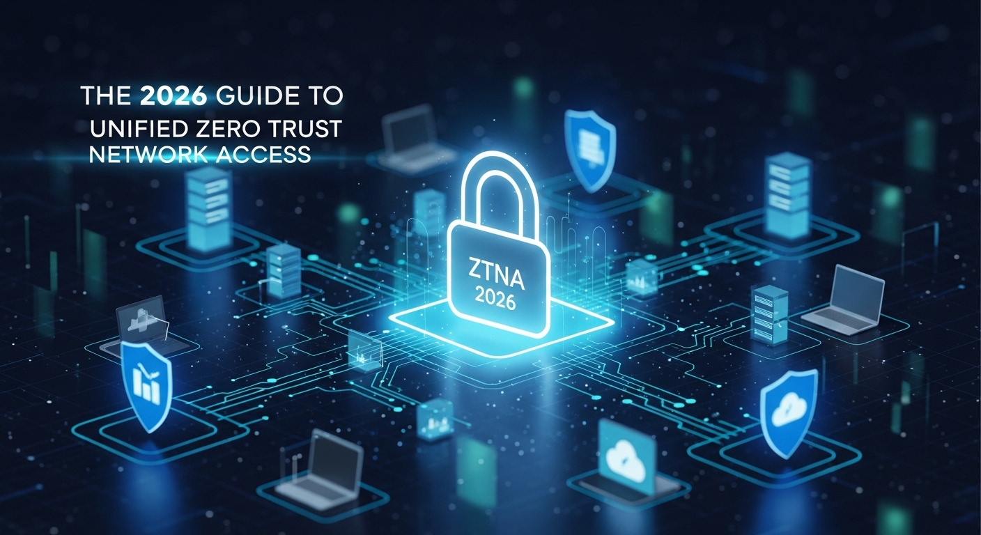 Futuristic digital illustration showing a secure network with interconnected devices, glowing blue shields, and a central ZTNA 2026 padlock symbolizing unified Zero Trust Network Access.