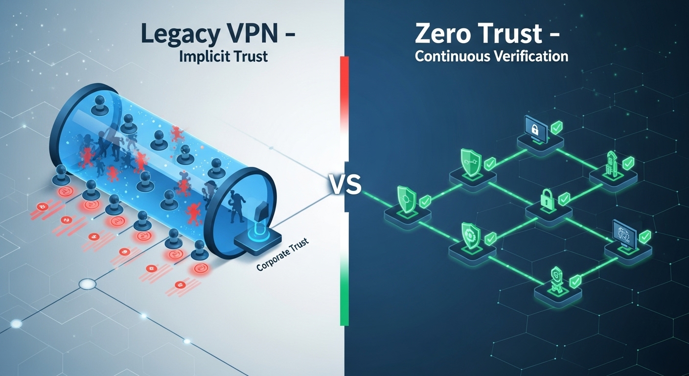 Comparison graphic showing Legacy VPN on the left with a single network tunnel and security risks, and Zero Trust Network Access (ZTNA) on the right with isolated secure connections and verification shields, illustrating the shift to modern access control in 2026.