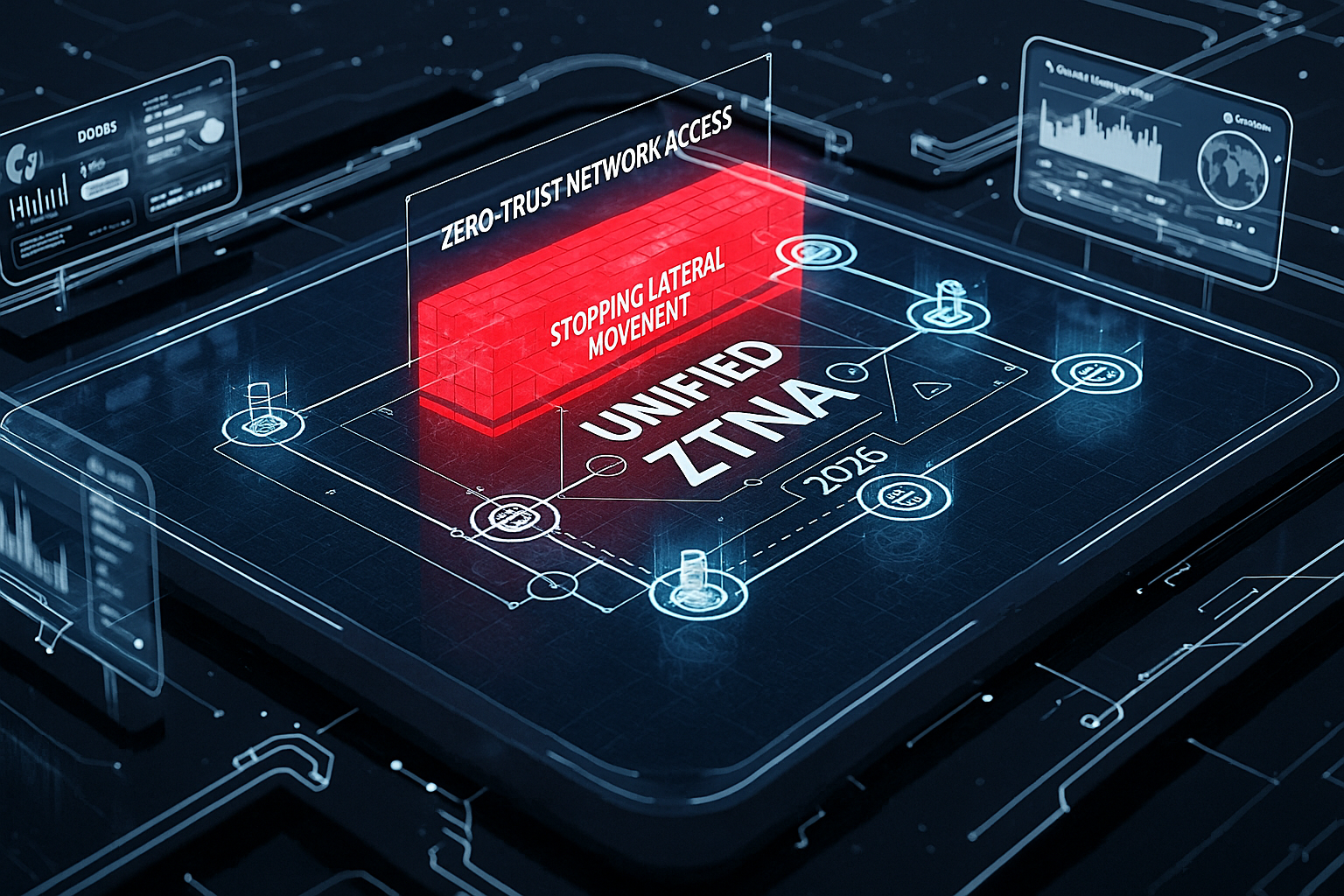 Futuristic digital interface displaying "Unified ZTNA 2026" with a glowing red firewall labeled “Stopping Lateral Movement” under “Zero Trust Network Access,” surrounded by holographic data panels and network diagrams.