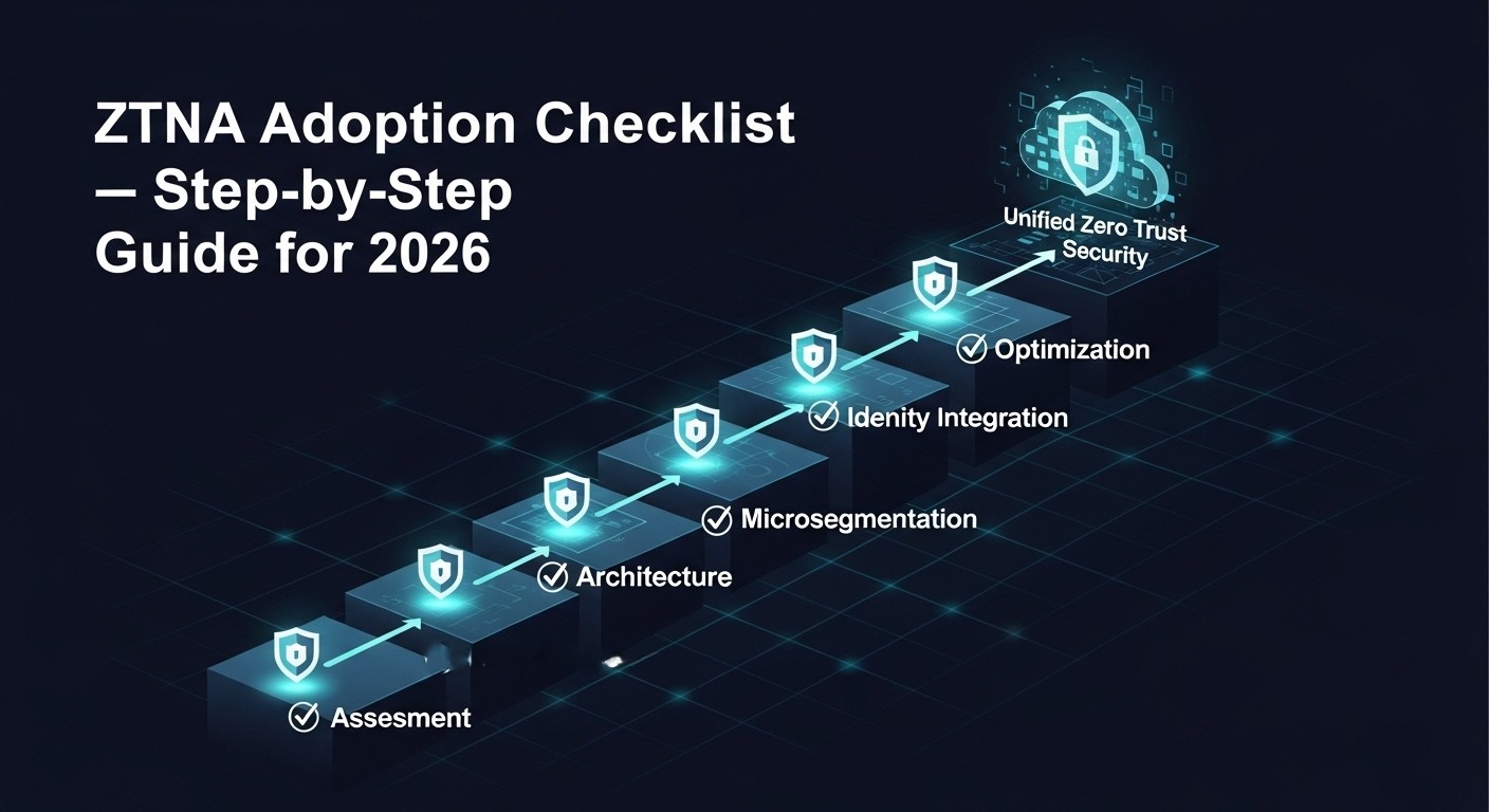 Visual roadmap illustrating the ZTNA Adoption Checklist for 2026, showing a staircase progression from assessment, architecture, microsegmentation, and identity integration to optimization and unified Zero Trust security.