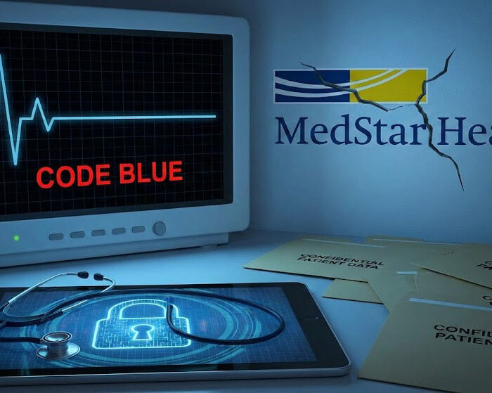 An image showing a medical monitor displaying "CODE BLUE" in red, next to a cracked MedStar Health logo on a wall. Below them on a desk are scattered file folders labeled "CONFIDENTIAL PATIENT DATA," a tablet with a padlock icon and a stethoscope, and a pill bottle labeled "PREVENTION PRESCRIPTION."