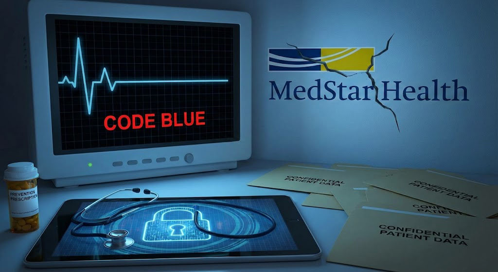 An image showing a medical monitor displaying "CODE BLUE" in red, next to a cracked MedStar Health logo on a wall. Below them on a desk are scattered file folders labeled "CONFIDENTIAL PATIENT DATA," a tablet with a padlock icon and a stethoscope, and a pill bottle labeled "PREVENTION PRESCRIPTION."